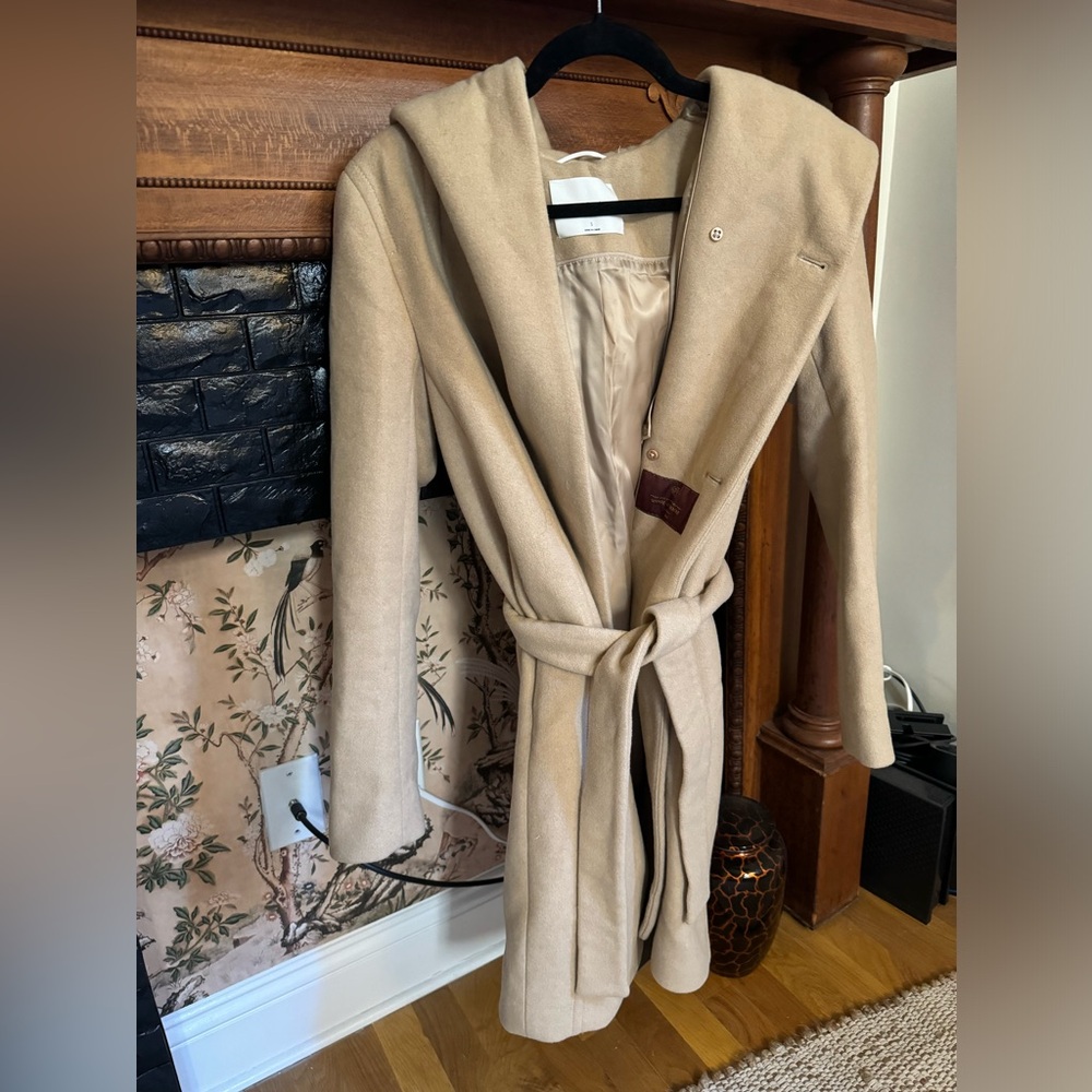 NWOT Artizia Wilfred Cashmere and Wool blend tan coat with a waist tie and hood